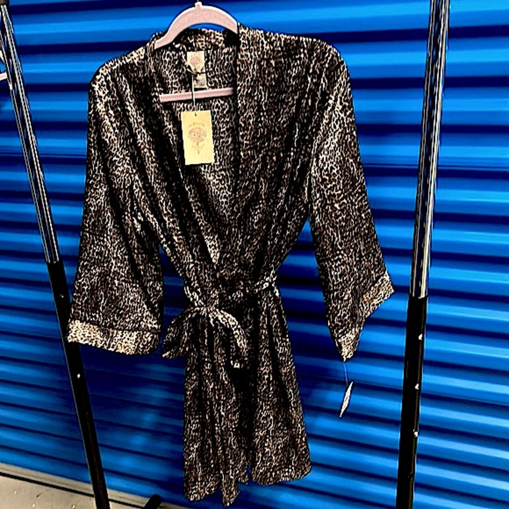 Leopard Print Faux Silk Wide Sleeve Wrap Robe